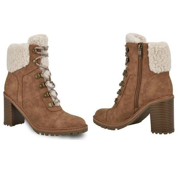 NEW NINE WEST Boots Chunky Heel Size 9.5 Ankle Combat Sherpa Faux‎ Vegan Leather - Picture 2 of 9